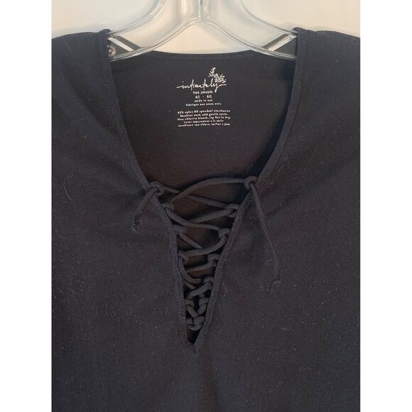 INTIMATELY FREE PEOPLE Black Lace-Up Seamless Long Sleeve Ribbed Tee Size M/L - Picture 3 of 7